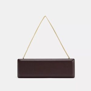 Zara NWT brown faux leather elongated extended rectangle clutch bag gold chain